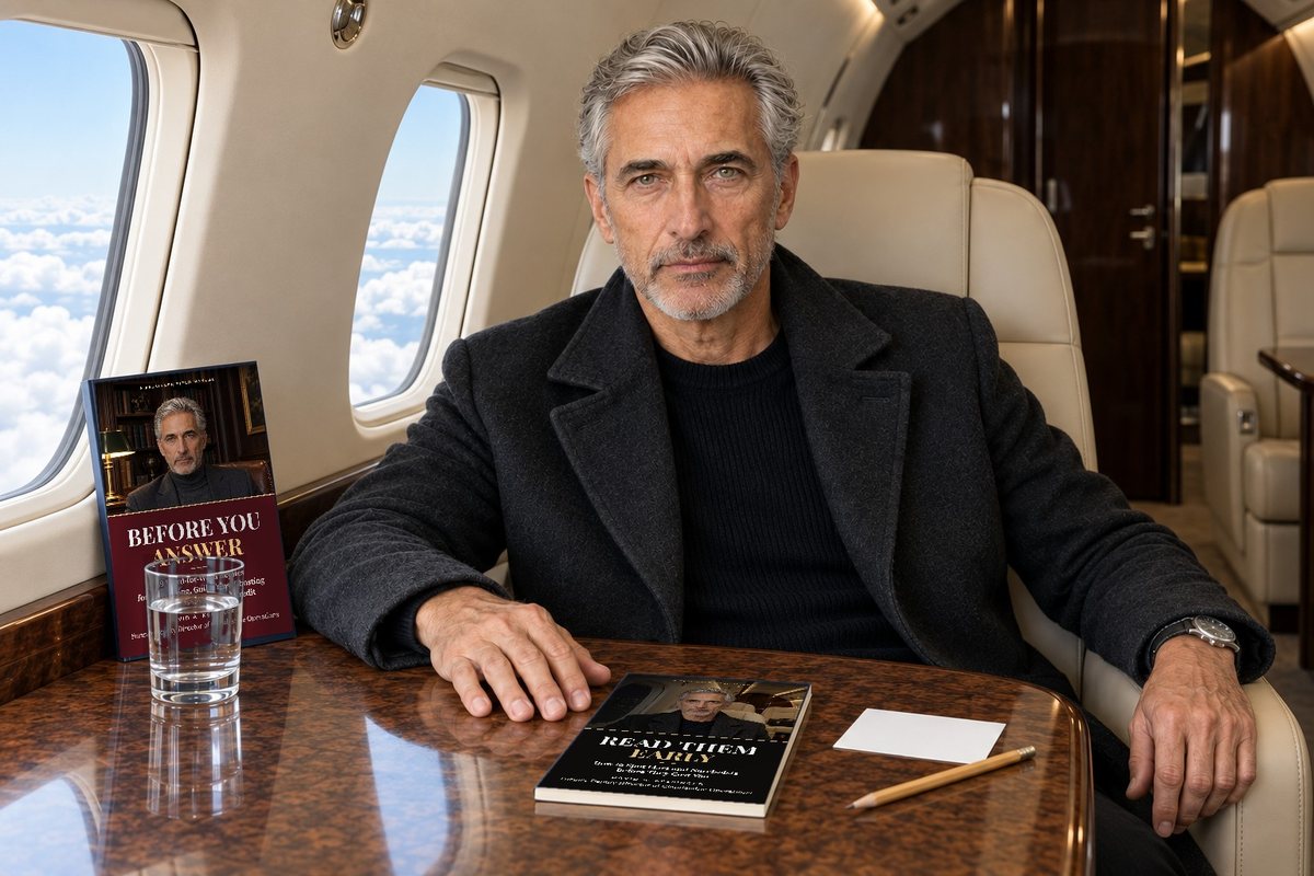 David A. Kessinger at the table of a plane in flight, with Read Them Early and Before You Answer on the table beside him