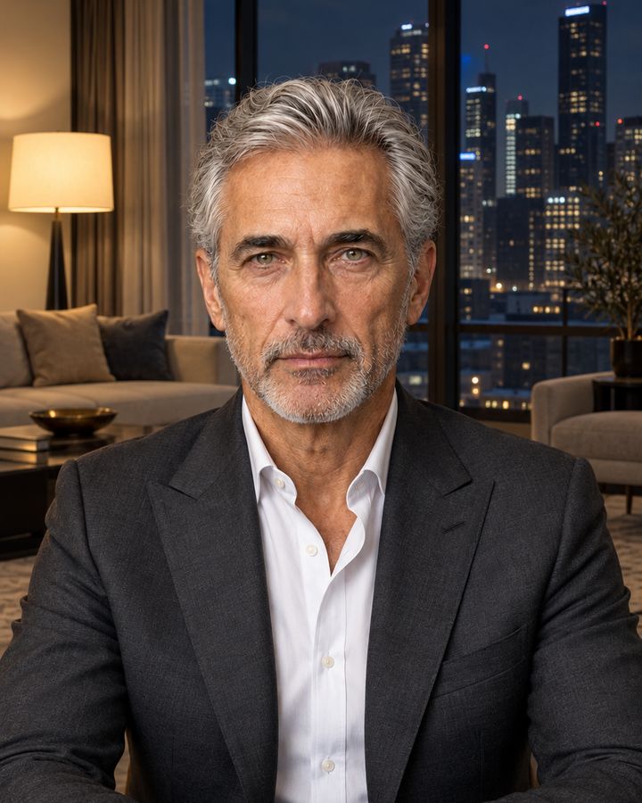 David in a hotel suite at night